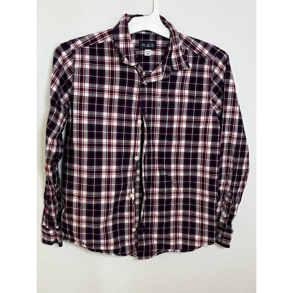 The Childrens Place Boys XL 14 Plaid Button Down Shirt Navy Red White Long SL